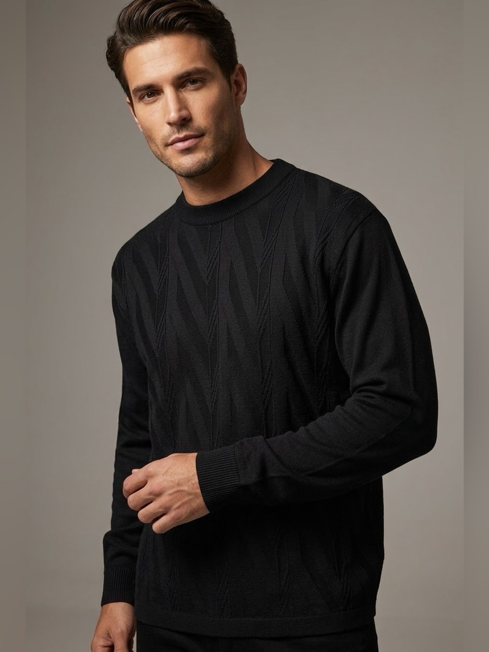 Gemelli Silk Cotton Blend Textured Chevron Knit Sweater Black Mens XL